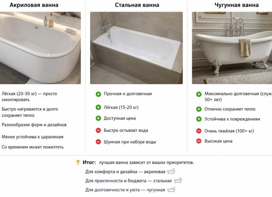 Как выбрать идеальную ванну: сравнение акрила, стали и чугуна